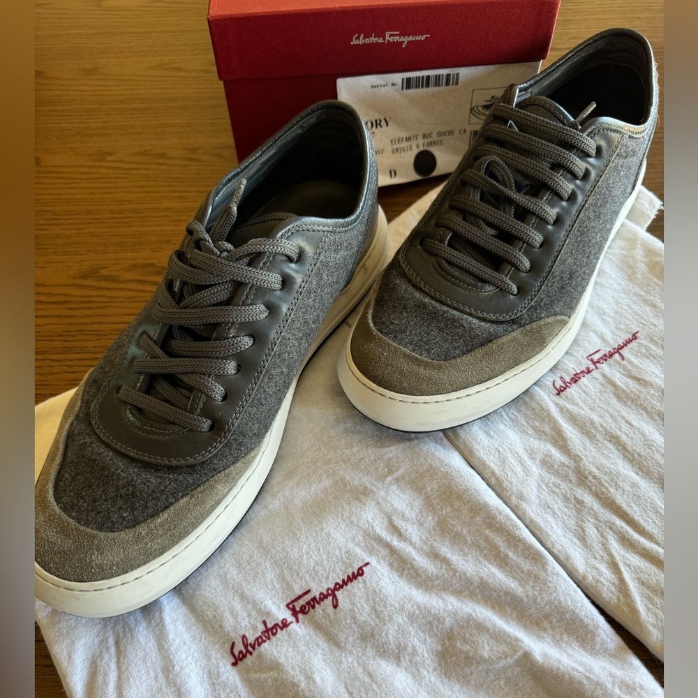 Salvatore Ferragamo Flannel Glory Sneakers. Grey. Size 9.